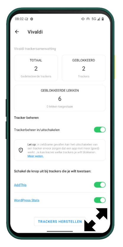 Fairphone 6 groen met advanced tracker scherm voor de Vivaldi browser van Murena /e/OS